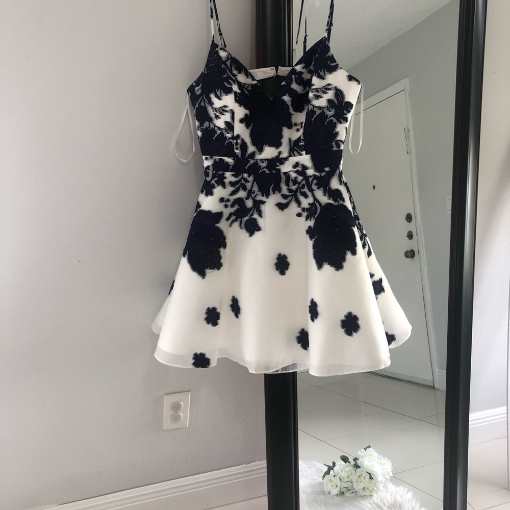 White and blue floral cocktail/ prom dress